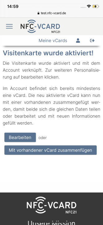 NFC-vCard erfolgreich aktiviert